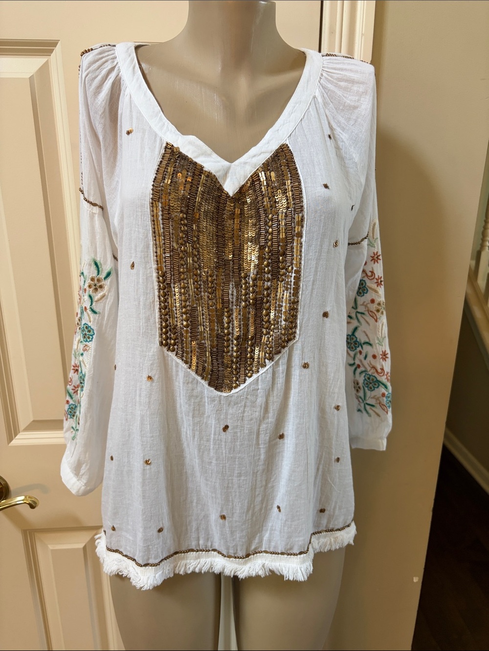 LulaSoul White Embroidered gauze Peasant Top with Gold Sequin Panel, med